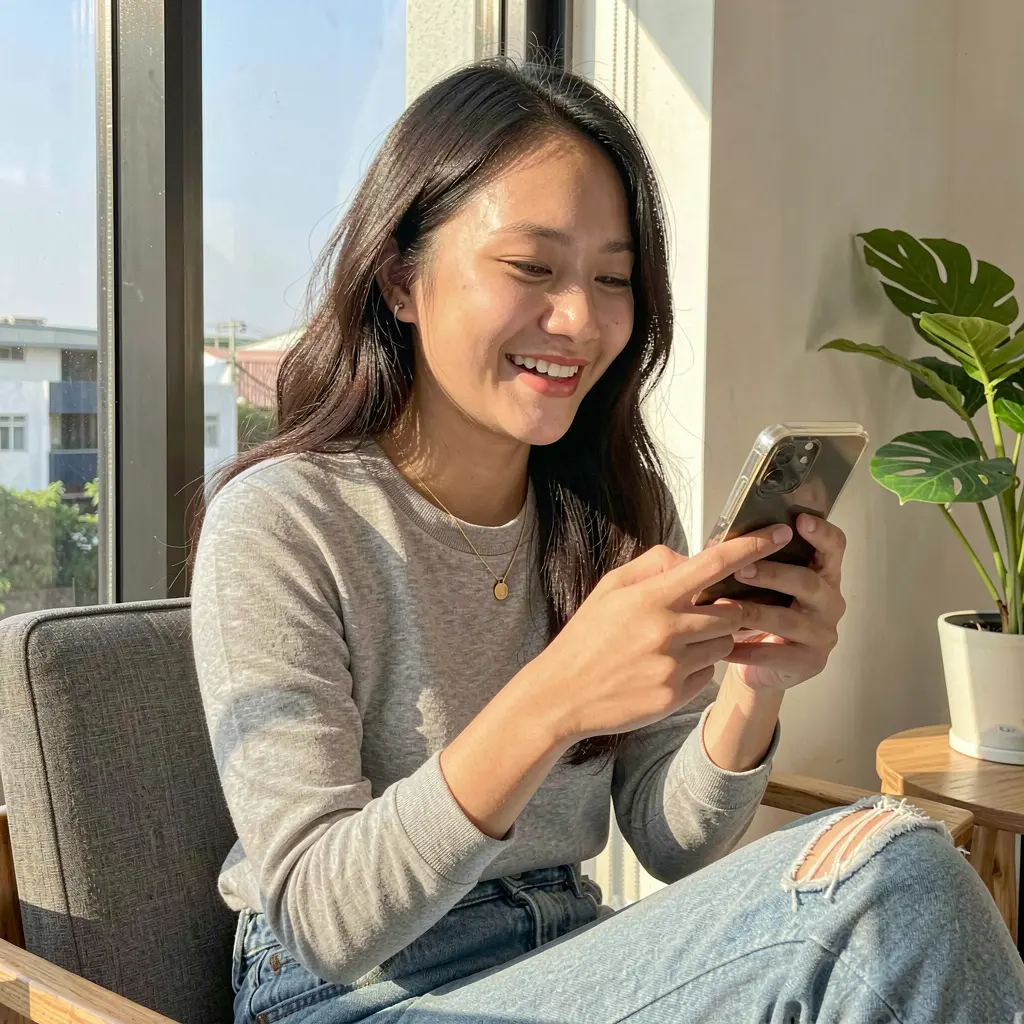 Filipino woman enjoying modern mobile entertainment on the SARRIMANOK app while sitting by a sunlit window in the Philippines
