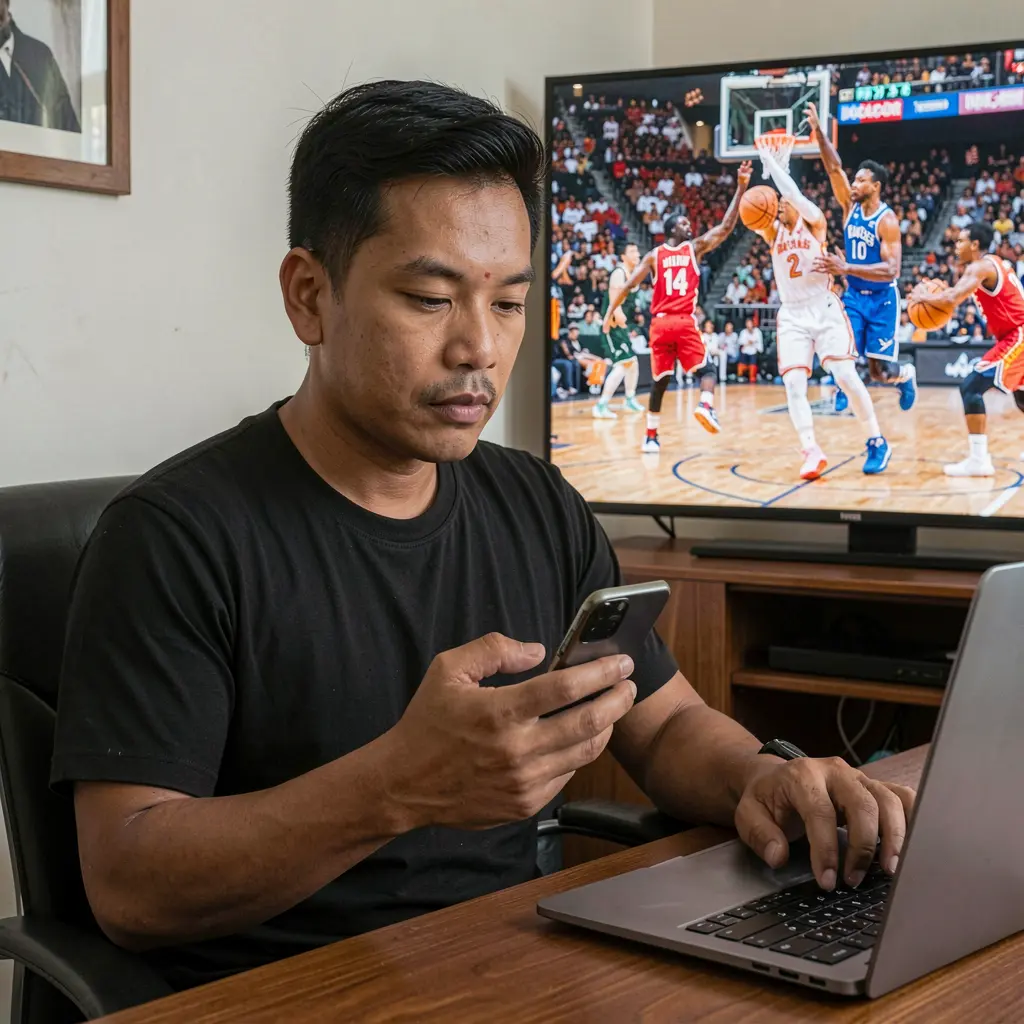 SARRIMANOK Bet – Place smart and timely bets on live basketball in the Philippines Focused Filipino sports bettor analyzing live basketball odds on a laptop and smartphone while watching match highlights with SARRIMANOK betting tools