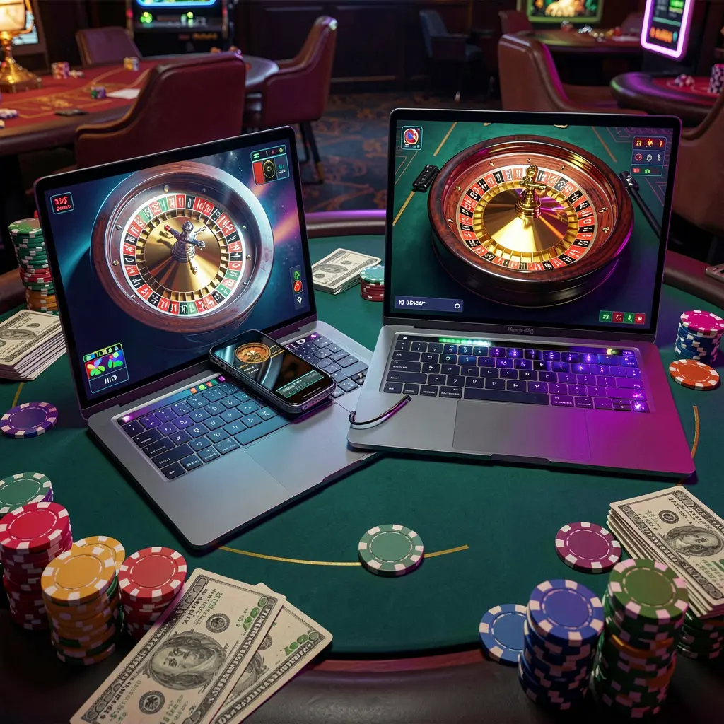 Modern online casino scene with a laptop and smartphone displaying a glowing roulette wheel surrounded by chips highlighting the immersive SARRIMANOK casino experience for players in the Philippines
