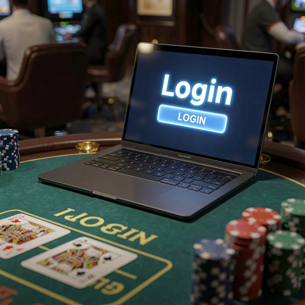 Modern laptop on a casino table with poker chips showing the SARRIMANOK login screen for easy account access in the Philippines