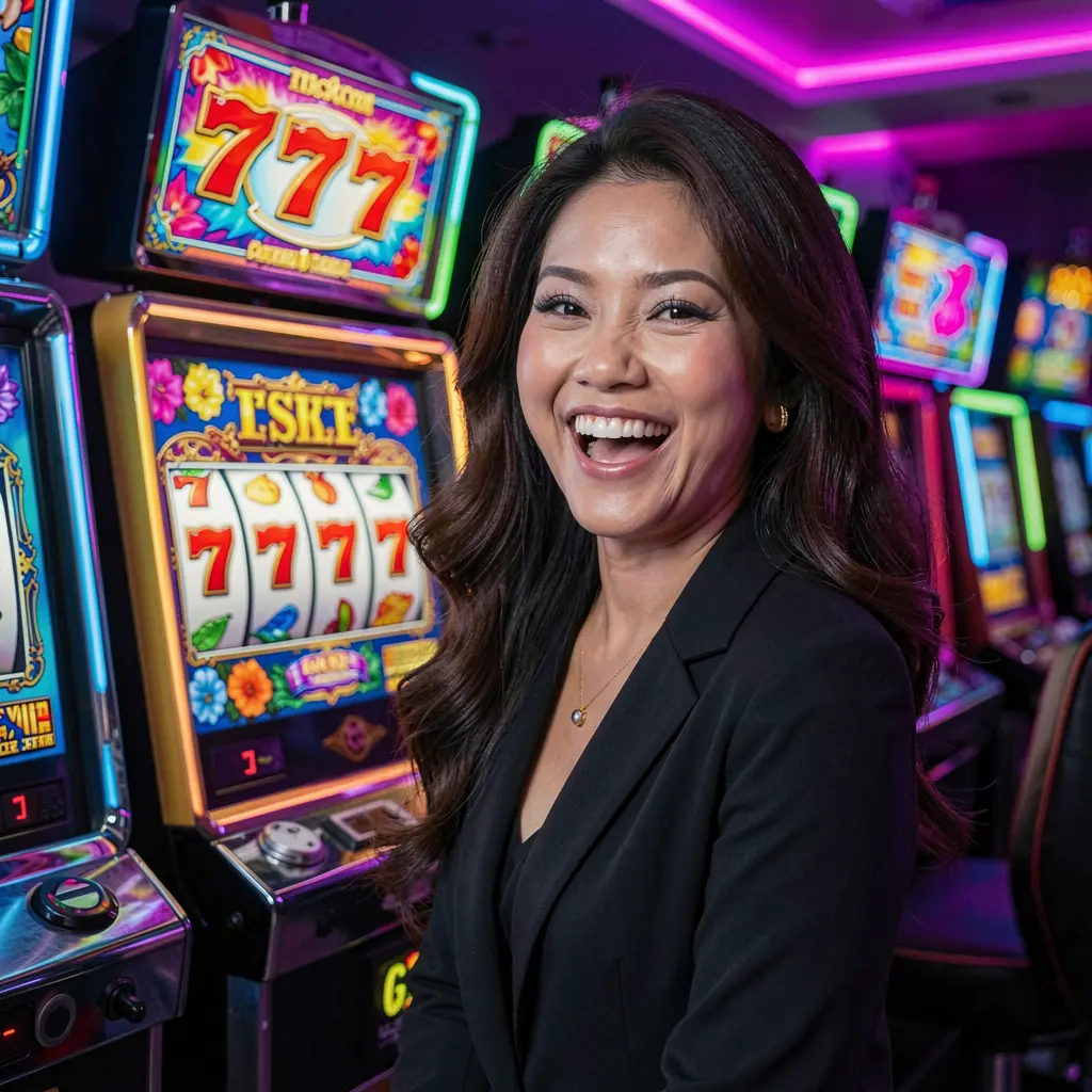 Happy female player smiling in a neon lit casino environment with glowing 777 symbols and colorful slot machines at SARRIMANOK Philippines